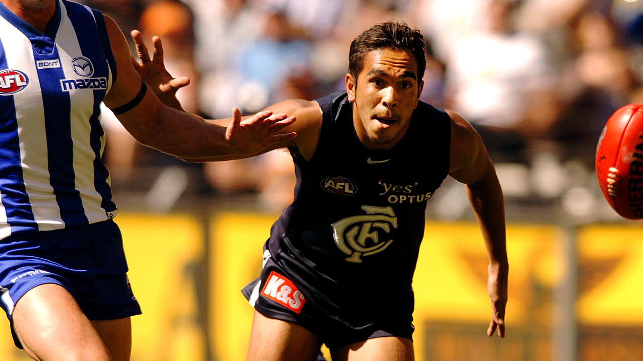 Eddie Betts darts past his North Melbourne defender to kick his first AFL goal. Picture: Martin Philbey