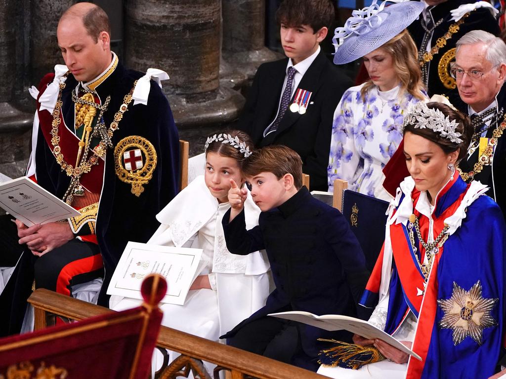 Prince Louis gets distracted at the coronation of King Charles III and Queen Camilla at Westminster Abbey. Picture: Yui Mok/AFP