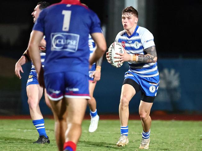 James Evans makes a charging run in the Far North Queensland Rugby League (FNQRL) A Grade semi final match between the Cairns Brothers and the Ivanhoe Knights, held at Barlow Park. Picture: Brendan Radke