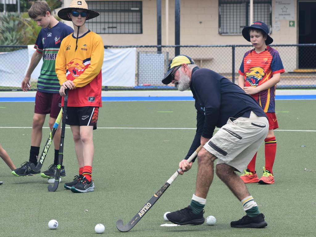 Players at the Park Avenue Brothers Hockey Club and Astro's Hockey development clinic at Kalka Shades, Rockhampton, on February 8, 2025.