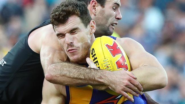 Matthew Broadbent takes Luke Shuey too high. Picture: Sarah Reed