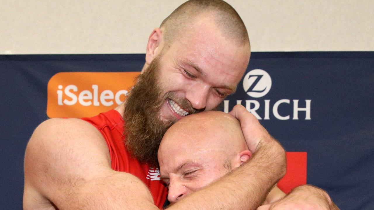 Max Gawn and Nathan Jones of the Demons after winning through to the AFL finals.
