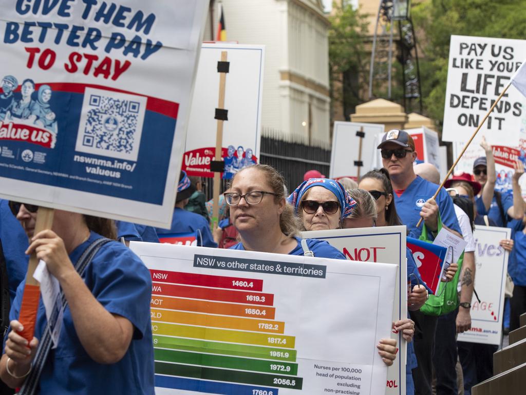 The picket was done in members’ own-time in front of NSW parliament as the Premier sat inside for Senate estimates. Picture: NewsWire / Monique Harmer