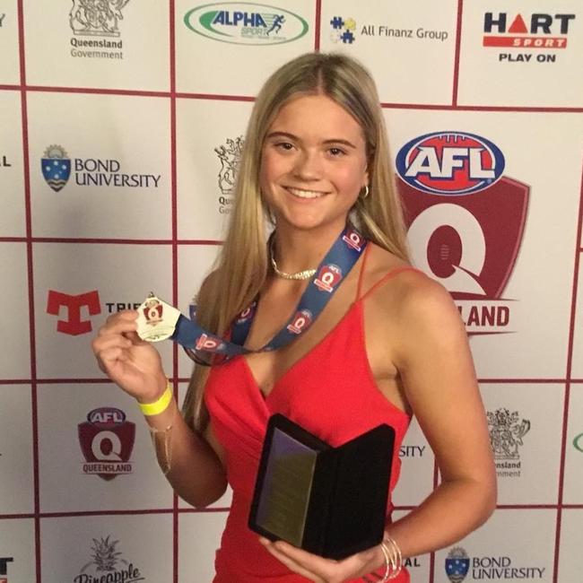 Lily Postlethwaite after winning the QFWA Division one best and fairest award for the Moreton Bay Lions in 2018.