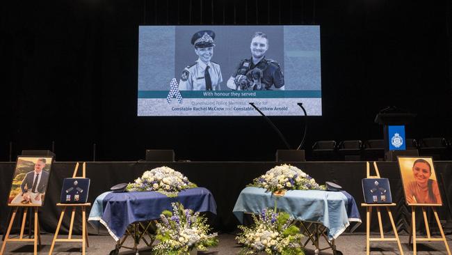 An official image of the coffins of Constable Rachel McCrow and Constable Matthew Arnold at their Brisbane funerals. Source: Queensland Police Service