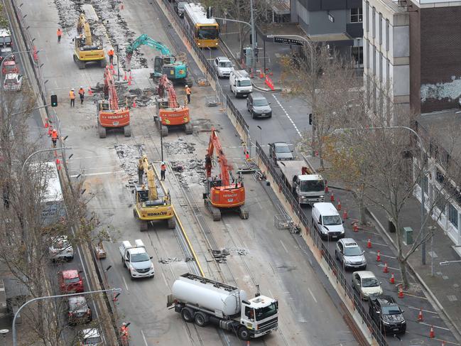 8.7.2019. Traffic built up and people on foot due to tram shutdown and roadworks on King William St,Adelaide. First business day that trams are out of action due to tram rail upgrade. PIC TAIT SCHMAAL.