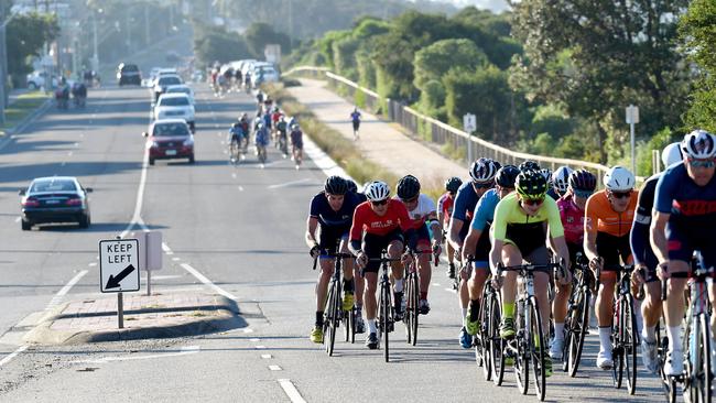 Cyclists and motorists get frustrated where the road narrows on Beach road Mentone. Cyclists protest against narrowing Beach Road. Picture: Nicole Garmston.