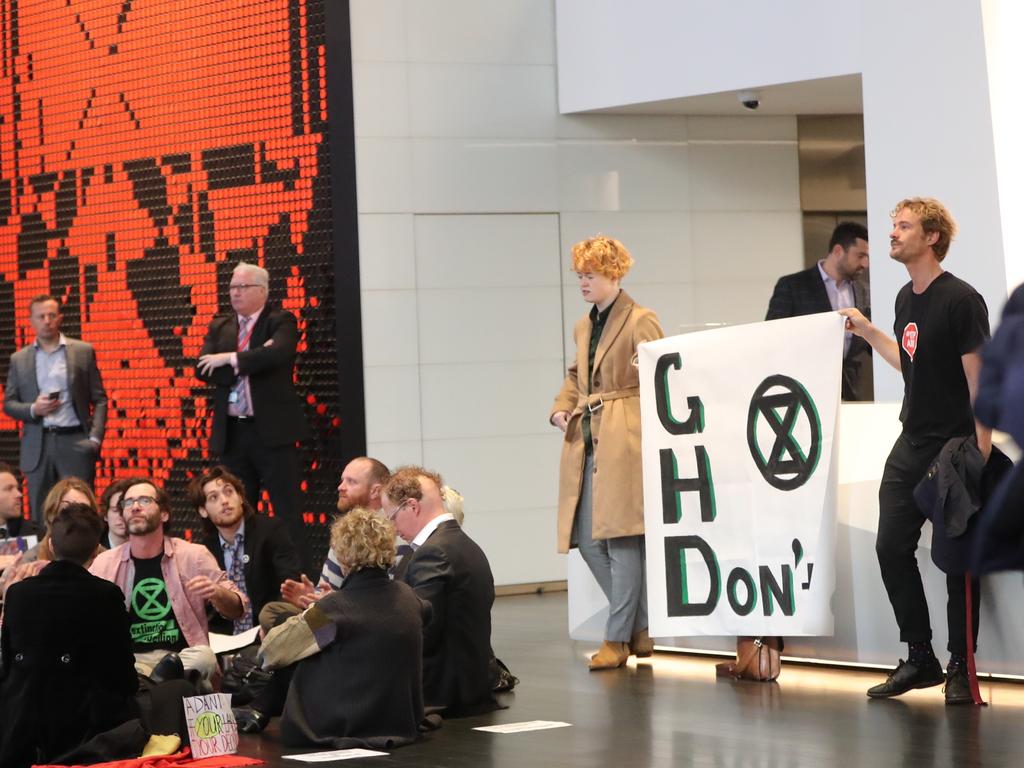 Protesters outside the Adani office at 133 Castlereagh street, Sydney. Picture: John Grainger