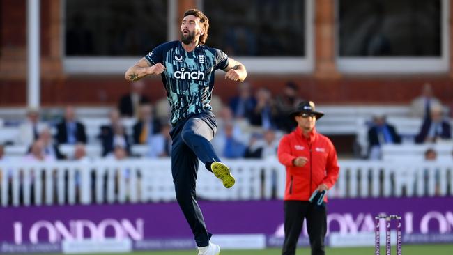 Reece Topley of England celebrates. Photo by Mike Hewitt/Getty Images