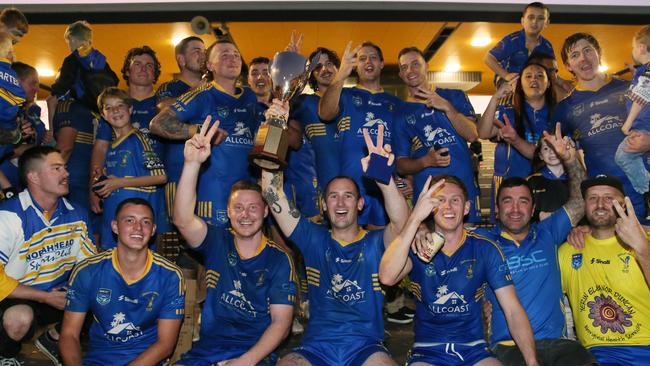 Hawks celebrate Central Coast Rugby League First Grade Grand Final Hawks win over Erina Woy Woy Oval Sunday 20th August 2023.pic Sue Graham