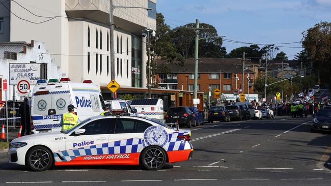 DAILY TELEGRAPH OCTOBER 7, 2024. A strong Police presence for the United Community Rally for Palestine and Lebanon being held at the Lakemba Mosque. Picture: Jonathan Ng