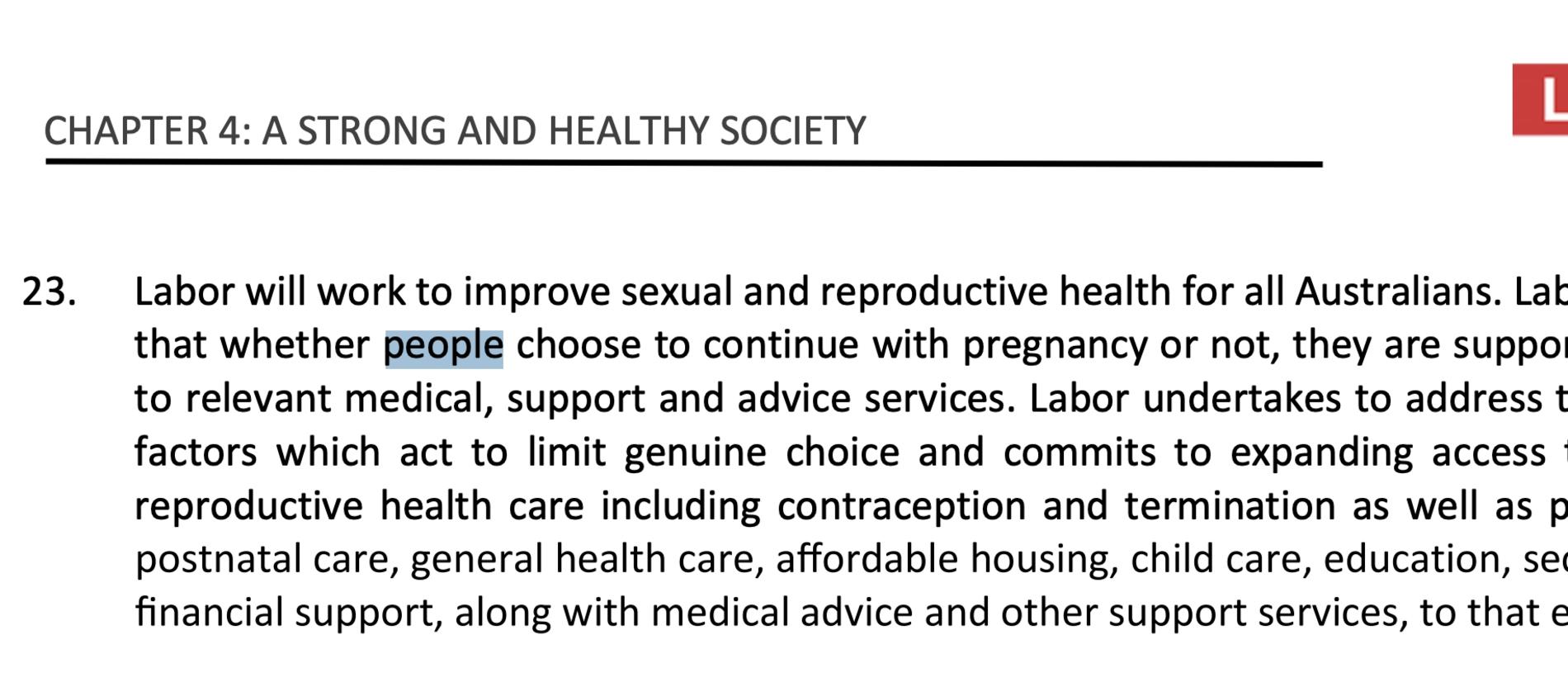 ALP current 2021 national policy platform does not mention breastfeeding or mothers. It refers to "people choose to continue with pregnancy".