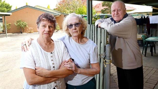 Residents of Bellara Retirement Village at Campbelltown, Dianne Cloke, Suzanne Hookings and Les Szalay who are being evicted from their units to make way for a potential service station and a KFC. Picture: Mark Brake