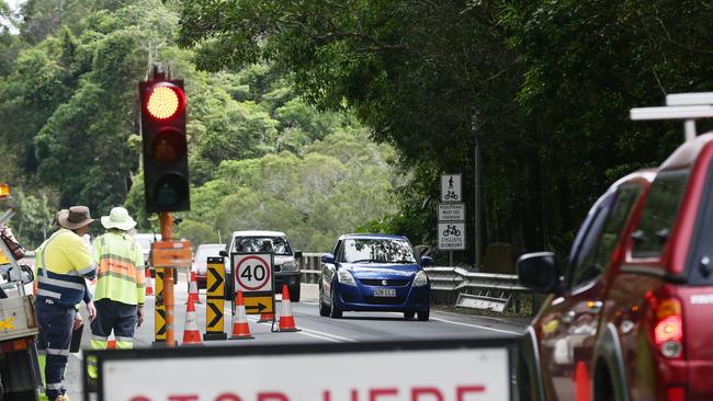 The Barron River bridge on the Kennedy Highway is operating as a single lane, with road traffic controllers operating traffic lights from 9am to 3pm, as RoadTek engineers check the structural integrity of the roadworks carried out last year under the bridge’s girders and pylons. Picture: Brendan Radke