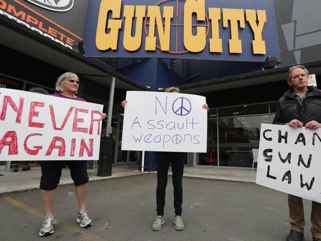 Protesters outside Christchurch’s largest gun shop. Picture: Gary Ramage