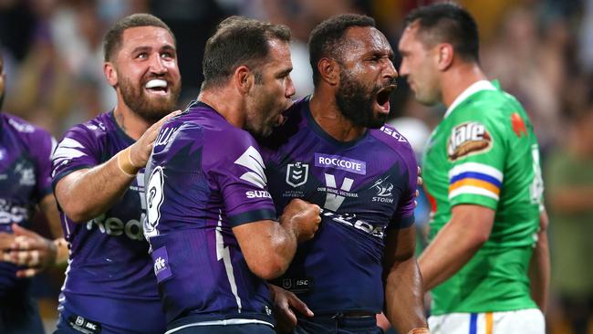 Justin Olam celebrates a try. Picture: Jono Searle/Getty Images