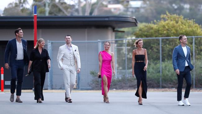 Tom and Emma Hawkins, Patrick and Mardi Dangerfield, and Brit and Joel Selwood Arrive for the 2020 Brownlow Medal count on the Gold Coast. Picture: Richard Walker