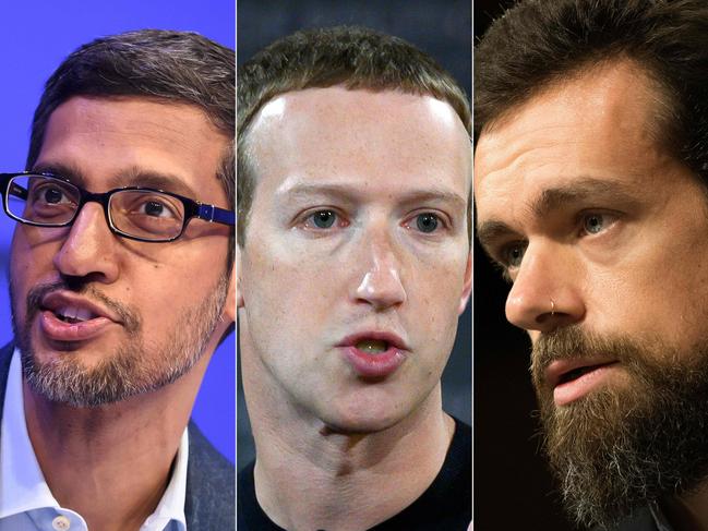 (COMBO)(L-R) This combination of file photos created on October 1, 2020 shows Alphabet CEO Sundar Pichai during a session at the World Economic Forum (WEF) annual meeting in Davos, on January 22, 2020, Facebook founder Mark Zuckerberg at Georgetown University in Washington, DC on October 17, 2019, and CEO of Twitter Jack Dorsey testifies before the Senate Intelligence Committee on Capitol Hill in Washington, DC, on September 5, 2018. (Photos by AFP)