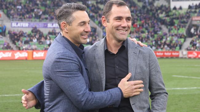 Queensland State of Origin coach Billy Slater with fellow Maroons legend Cameron Smith. Picture: NRL Images