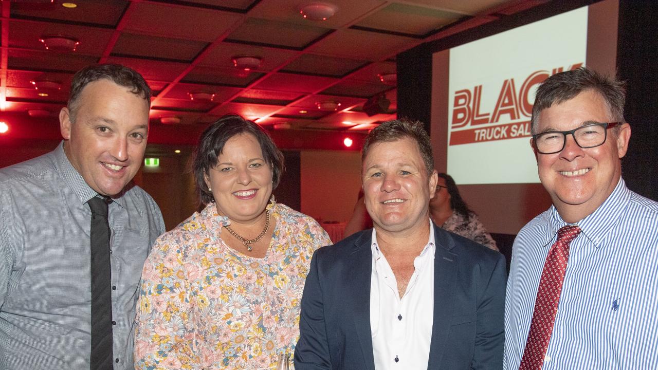 (from left) Tim Lincoln, Sueann Fry, Darryl Fry and Steve Gillespie. Sports Darling Downs Sports Stars of the Year dinner. Saturday, February 11, 2023. Picture: Nev Madsen.