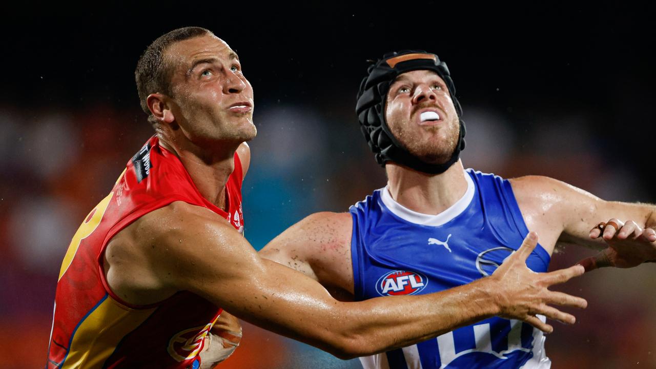 Gold Coast ruckman Jarrod Witts (left) has been rested from the Suns’ clash against Geelong in Darwin on Thursday. Picture: Dylan Burns / Getty Images