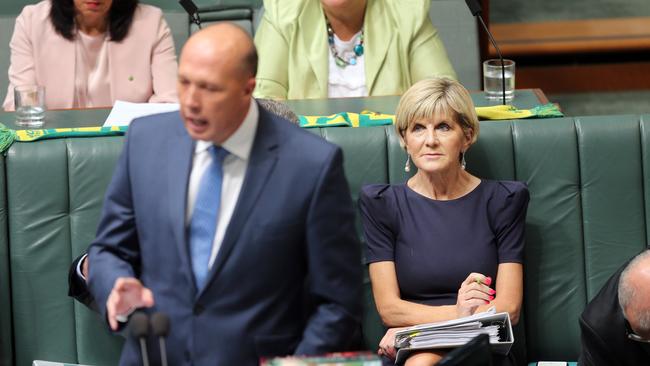 Home Affairs Minister Peter Dutton with Julie Bishop during Question Time in the House of Representatives in Parliament House Canberra.