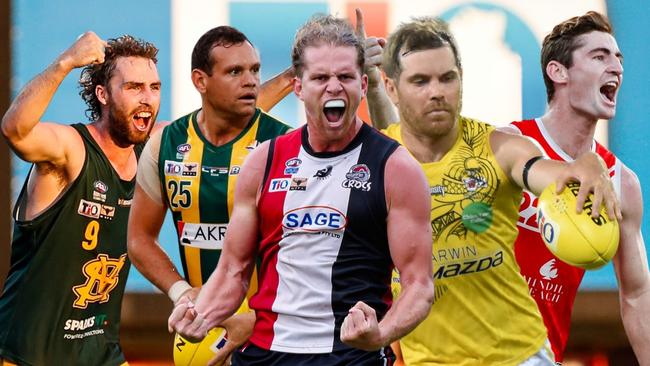 Dylan Landt, Steven Motlop, Jed Anderson, Brodie Filo and Scott Carlin in the 2023-24 NTFL season. Picture: AFLNT Media