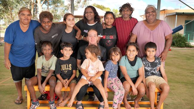 Kenmore Park Anangu School teachers and students. Back row, from left, Marianne Fraser, Elijah, Dakota, Mary Fraser, Kayshaya, Jacky, Hazel Fraser. Front, Declan, Leiden, Bree Boege, Navaeh, Christine, Raylira, and Alice. Picture: Dean Martin