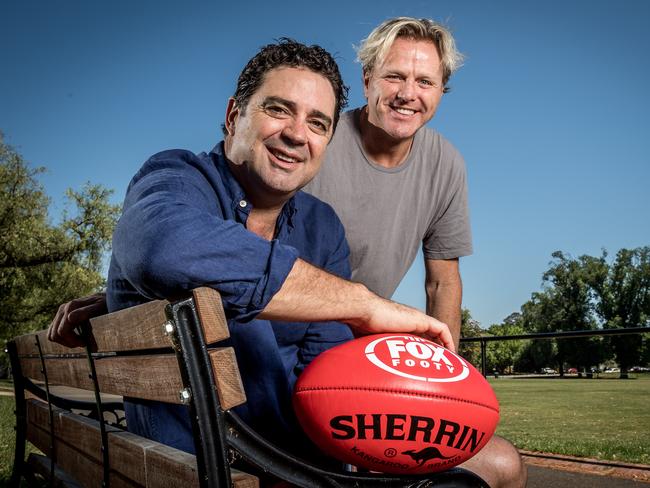 Dermott Brereton welcomes Garry Lyon to Fox Footy. Picture: Jake Nowakowski