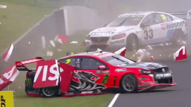 Carnage after Jamie Whincup comes into contact with Garth Tander and Scott McLaughlin.