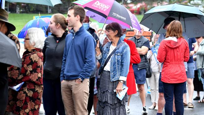 People keen to get their votes in early braved the woolly weather. Picture: NCA NewsWire / John Gass