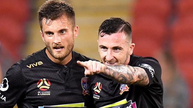 Newcastle Jets striker Roy O’Donovan celebrates scoring against the Roar. Picture: Getty Images