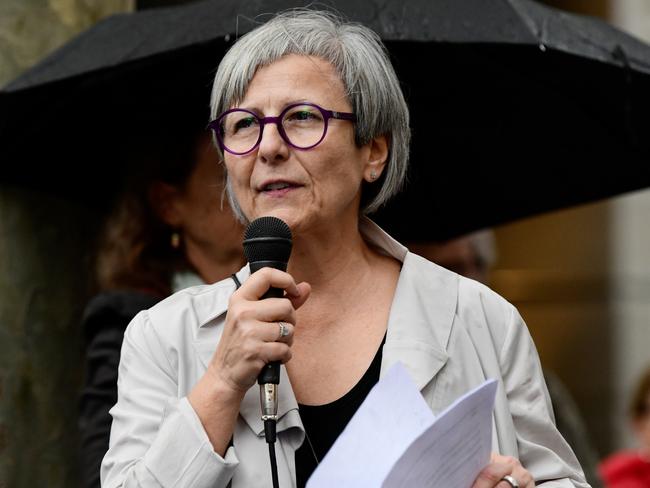 Journalist and former SBS presenter Mary Kostakidis speaks during a rally in Martin Place, Sydney, Friday, May 3, 2019. A small group of people gathered on World Press Freedom Day to protest for Julian Assange, who is facing a US extradition hearing over a series of leaks made by WikiLeaks. (AAP Image/Bianca De Marchi) NO ARCHIVING