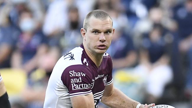 TOWNSVILLE, AUSTRALIA - SEPTEMBER 04:  Tom Trbojevic of the Sea Eagles runs the ball during the round 25 NRL match between the North Queensland Cowboys and the Manly Sea Eagles at QCB Stadium, on September 04, 2021, in Townsville, Australia. (Photo by Ian Hitchcock/Getty Images)