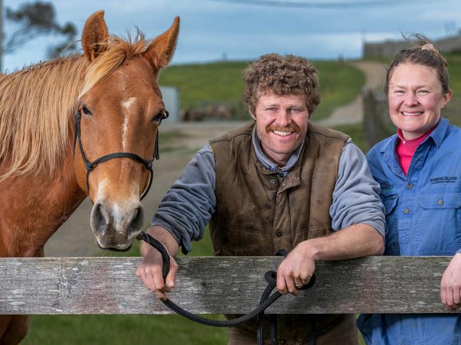 Alex and Sarah Hammond and Juliet the horse at Robbins Island Wagyu, Old Port Road, Montagu, Tasmania.Tuesday October 8 2024 Picture by Phillip Biggs