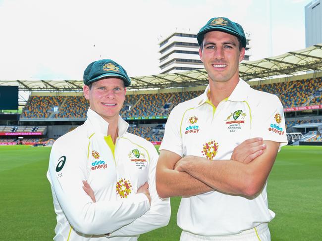 Australian Captain Pat Cummins and Australian Vice Captain Steve Smith pose for a photo during the Australia v England Ashes Series Launch at The Gabba on December 05, 2021 in Brisbane, Australia. Picture: Bradley Kanaris