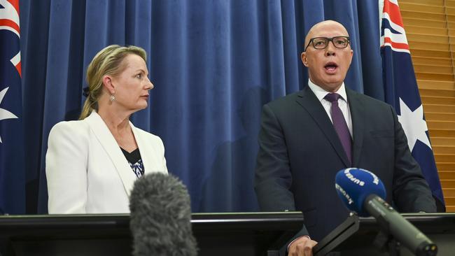 Deputy Opposition leader Sussan Ley and Opposition leader Peter Dutton announce the Coalition will oppose the Voice. Picture: NCA NewsWire / Martin Ollman