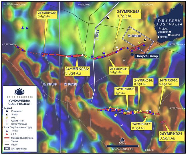 A zoom in on the Banjo’s Camp prospect showing assay results and extent of the quartz reefs. Pic: ARI