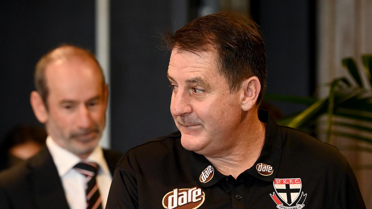 MELBOURNE, AUSTRALIA - OCTOBER 24: Ross Lyon the new coach of the Saints and club president Andrew Bassat walk into the room to speak to the media during a St Kilda Saints AFL press conference at RSEA Park on October 24, 2022 in Melbourne, Australia. (Photo by Quinn Rooney/Getty Images)