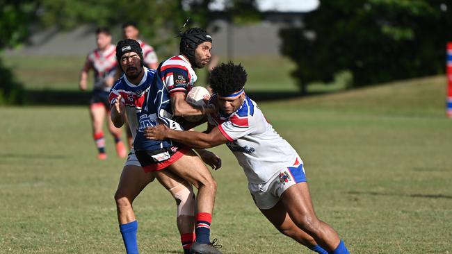 Ty Grogan of the Roosters in action during the CDRL Ivanhoe Knights v Atherton Roosters match at Smithfield Sporting Complex on Saturday afternoon. Picture Emily Barker.