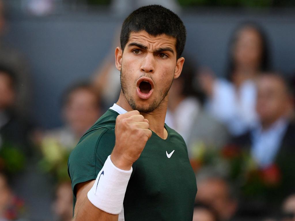 Carlos Alcaraz celebrates during the Madrid Open final match against Alexander Zverev, another Masters 1000 win for the Spanish teen sensation. Picture: Oscar del Pozo/AFP