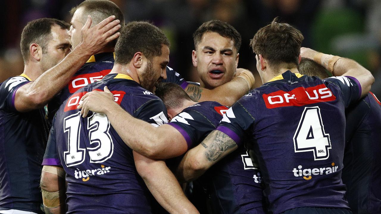 Storm players celebrate a Jahrome Hughes try.