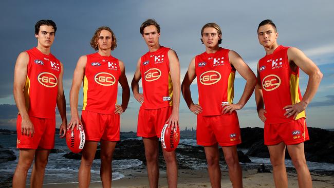 Gold Coast’s 2016 draft class (from left) Jack Bowes, Will Brodie, Jack Scrimshaw, Brad Scheer and Ben Ainsworth. Picture: Adam Head