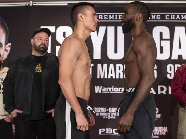 Tim Tszyu and Terrell Gausha face off at their weigh-in before Saturday's fight. Photo courtesy of No Limit Boxing.