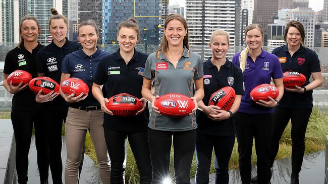 Inaugural AFLW draftees (from left) Nicola Stevens (Collingwood), Bianca Jakobsson (Carlton), Emily Bates (Brisbane), Ebony Marinoff (Adelaide), Nicola Barr (GWS), Jaimee Lambert (Bulldogs), Hayley Miller (Fremantle) and Elise O'Dea (Melbourne). Picture: Tim Carrafa