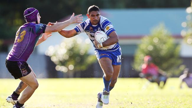 Tremayne Bowie makes a fend when playing for the Brothers against Edmonton Storm. Picture: Brendan Radke