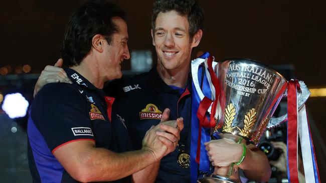 Luke Beveridge and Bob Murphy with the premiership cup. Picture: Michel Klein