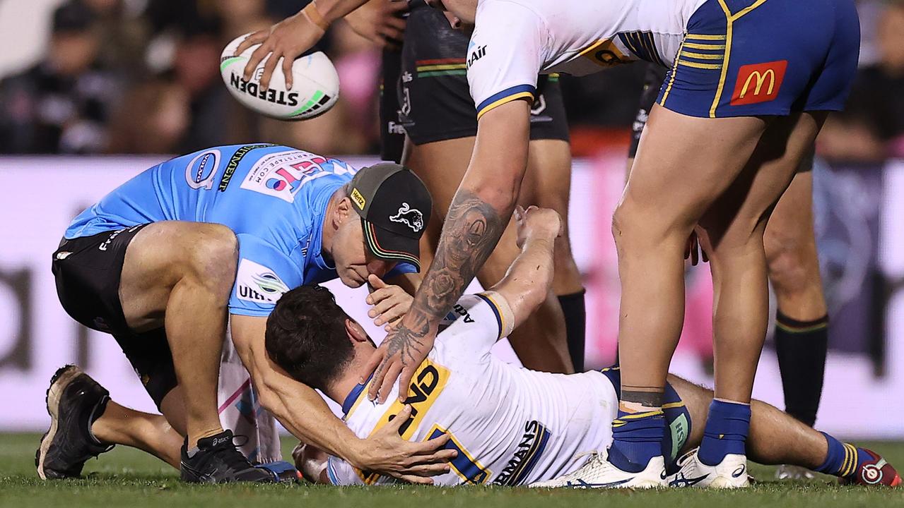 Mitch Moses is on the mend after this scary moment. Picture; Mark Kolbe/Getty Images