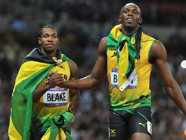 Jamaican sprinters Yohan Blake (left) and Usain Bolt (right).
