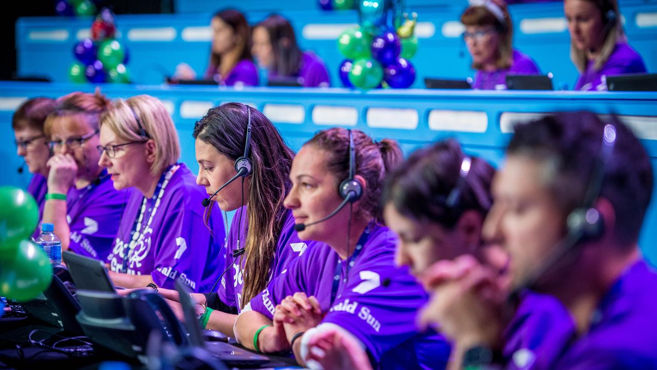 Volunteers answer phones and take donations during the Good Friday Appeal for Melbourne’s Royal Children’s Hospital in 2019. Picture: Jake Nowakowski